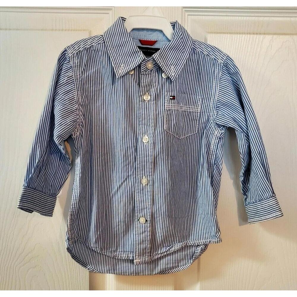 Boy toddler Tommy Hilfiger button up long sleeve shirt size 18 months blue white